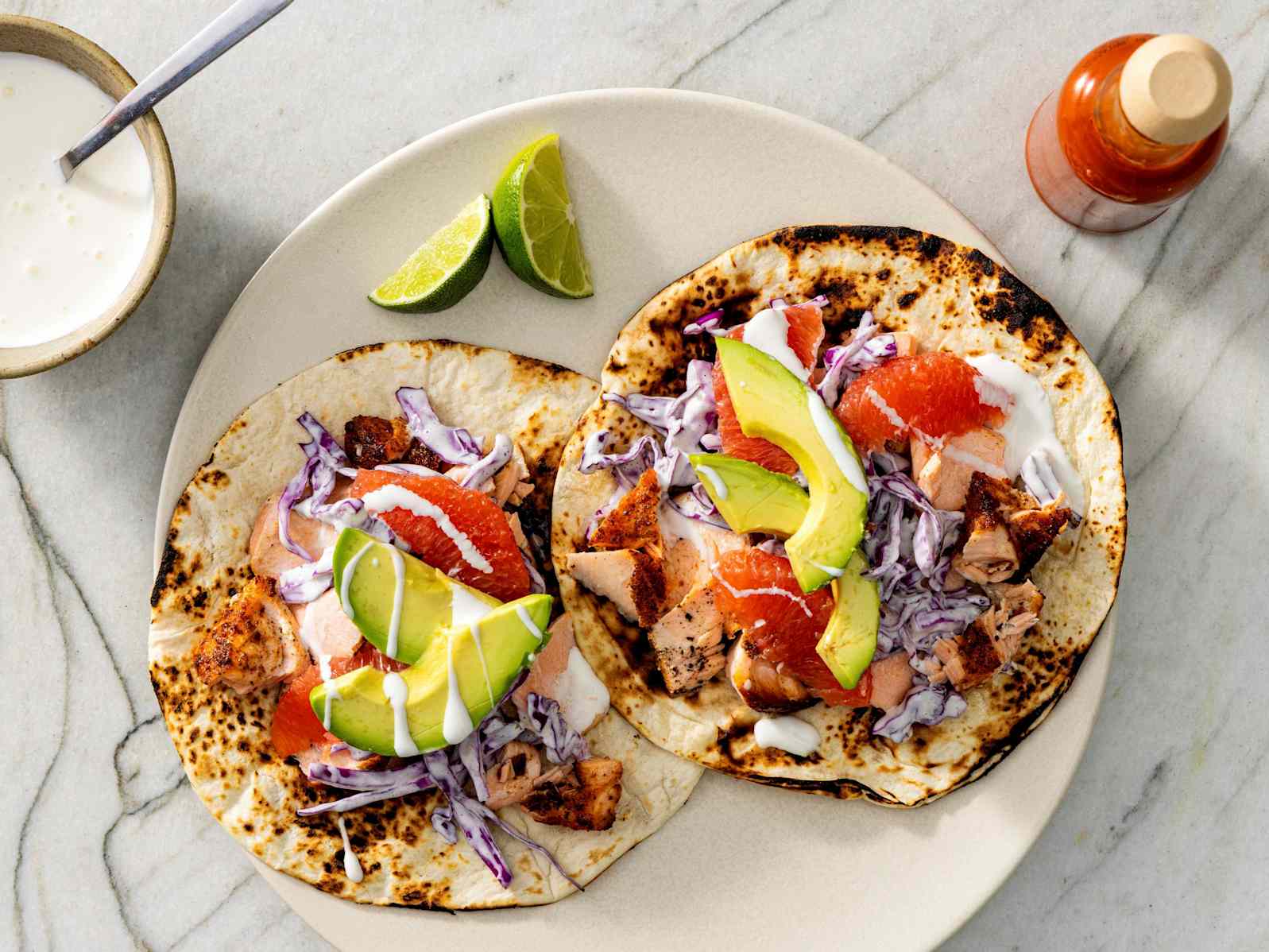 Blackened Salmon Tacos with Slaw, Avocado, and Grapefruit